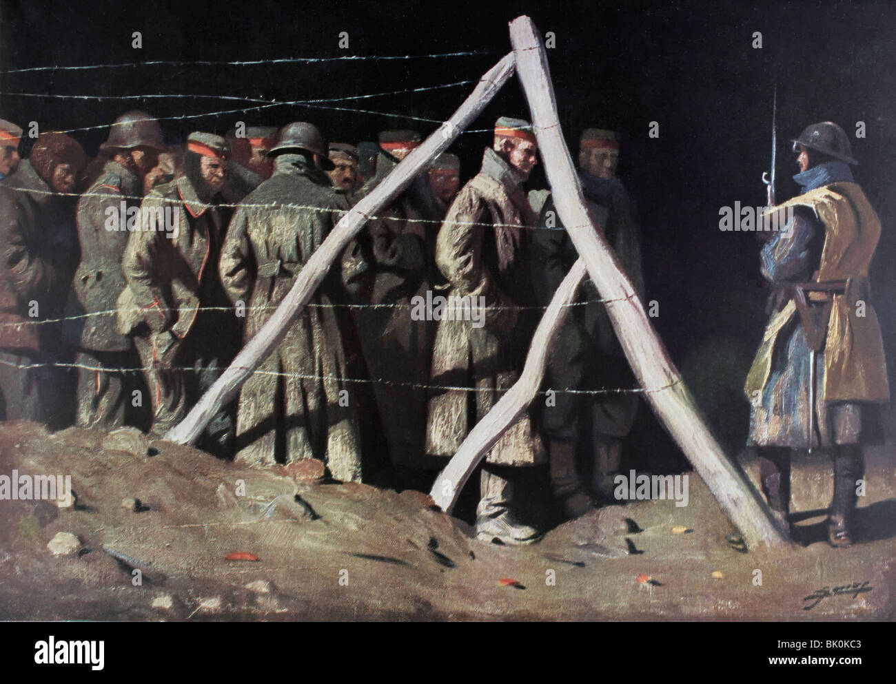 French soldier with German Prisoners of War in a POW camp during the First World War. Stock Photo