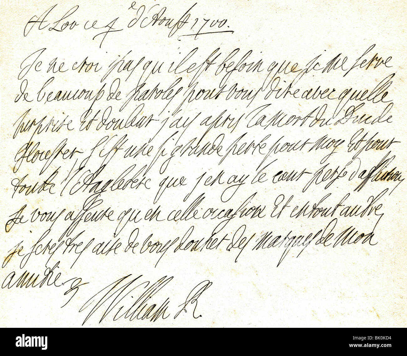 William III, 14.11.1650 - 19.3.1702, King of England, Scotland and Ireland 1689 - 1702, his autograph, letter to the Earl of Marlborough, in French, August 1700, Stock Photo