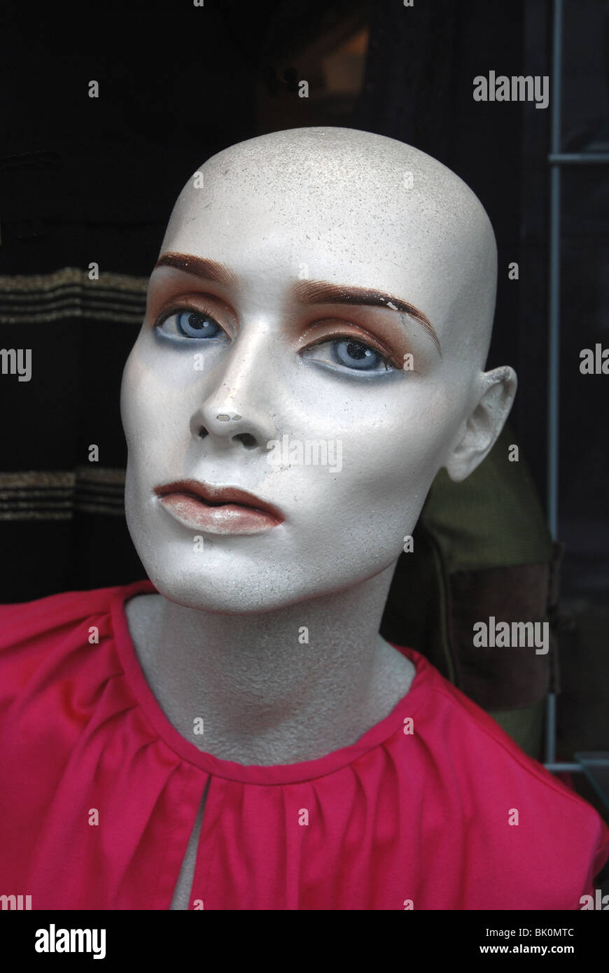 Bald headed mannequin in a charity shop window. Stock Photo