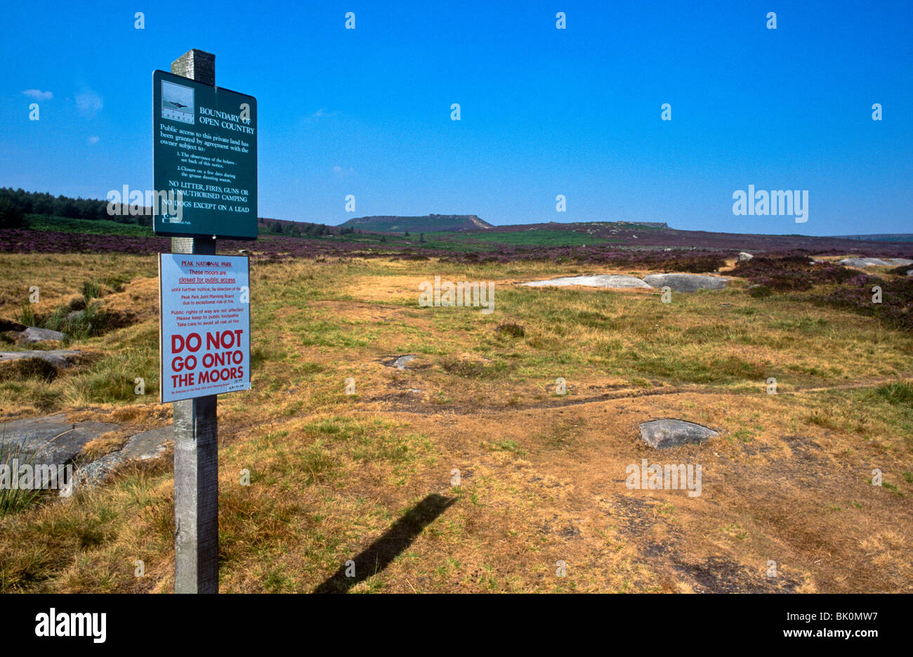 Fire hazard notice for Peak District moors, August 1995. 'Do not go onto the Moors' Stock Photo