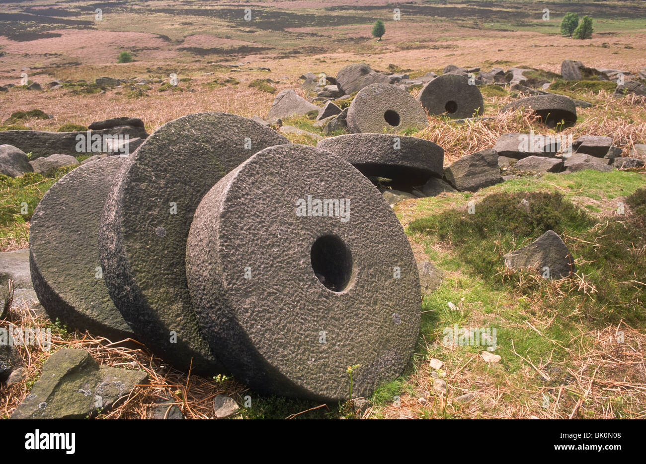 Abandoned mill stones Peak District, Derbyshire, England Stock Photo