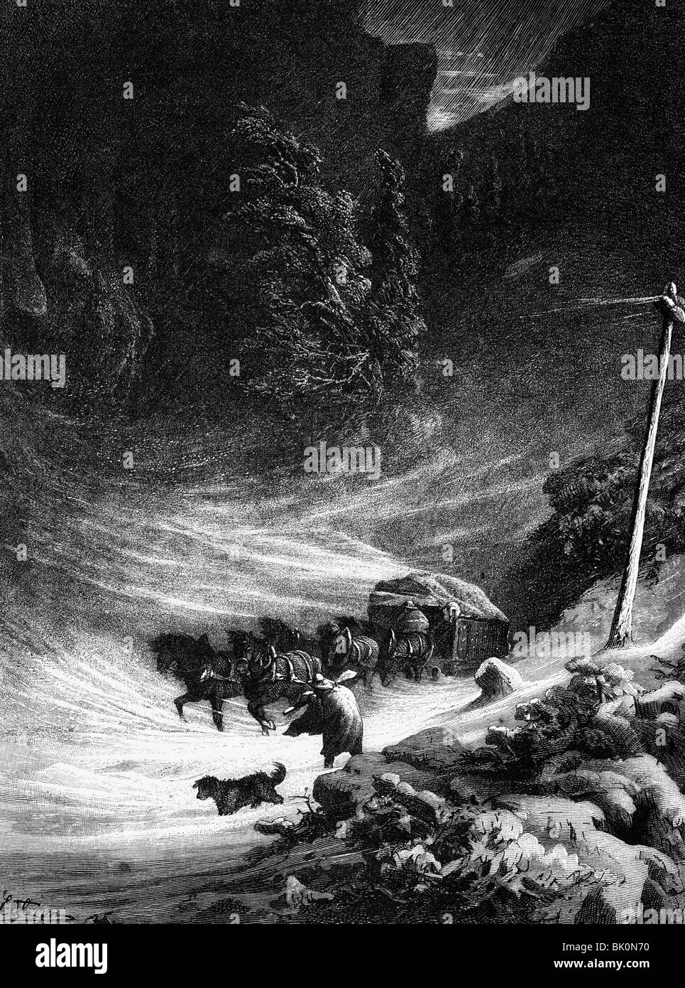 transport / transportation, coaches, snowstorm on the mountain road, wood engraving after Ernst Heyn, 19th century, snow, storm, winter, weather, mountains, coach, carriage, street, historic, historical, people, Stock Photo