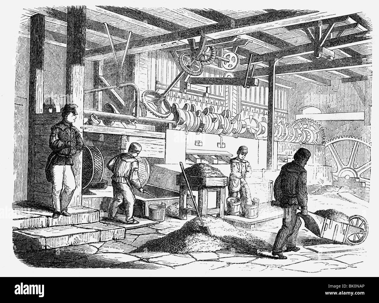 mining, ore mining, wet stamp mill, wood engraving, 'Buch der Erfindungen', published by Otto Spamer, Leipzig, 1872,  , Stock Photo