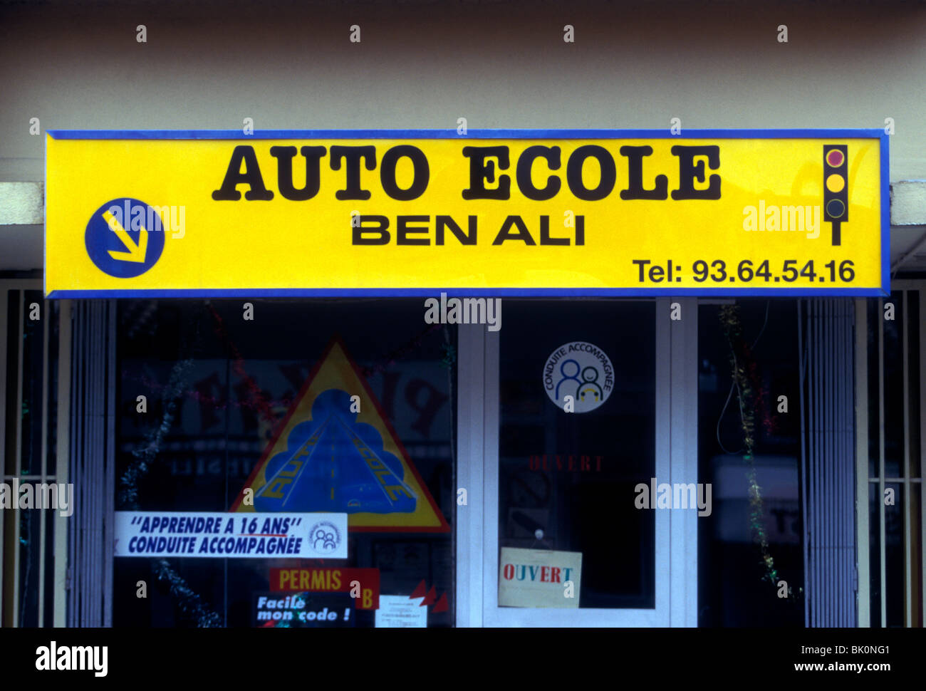French language sign, driver education class, auto school, auto ecole de conduite, auto ecole, Ben Ali, town of Vallauris, Vallauris, France, Europe Stock Photo