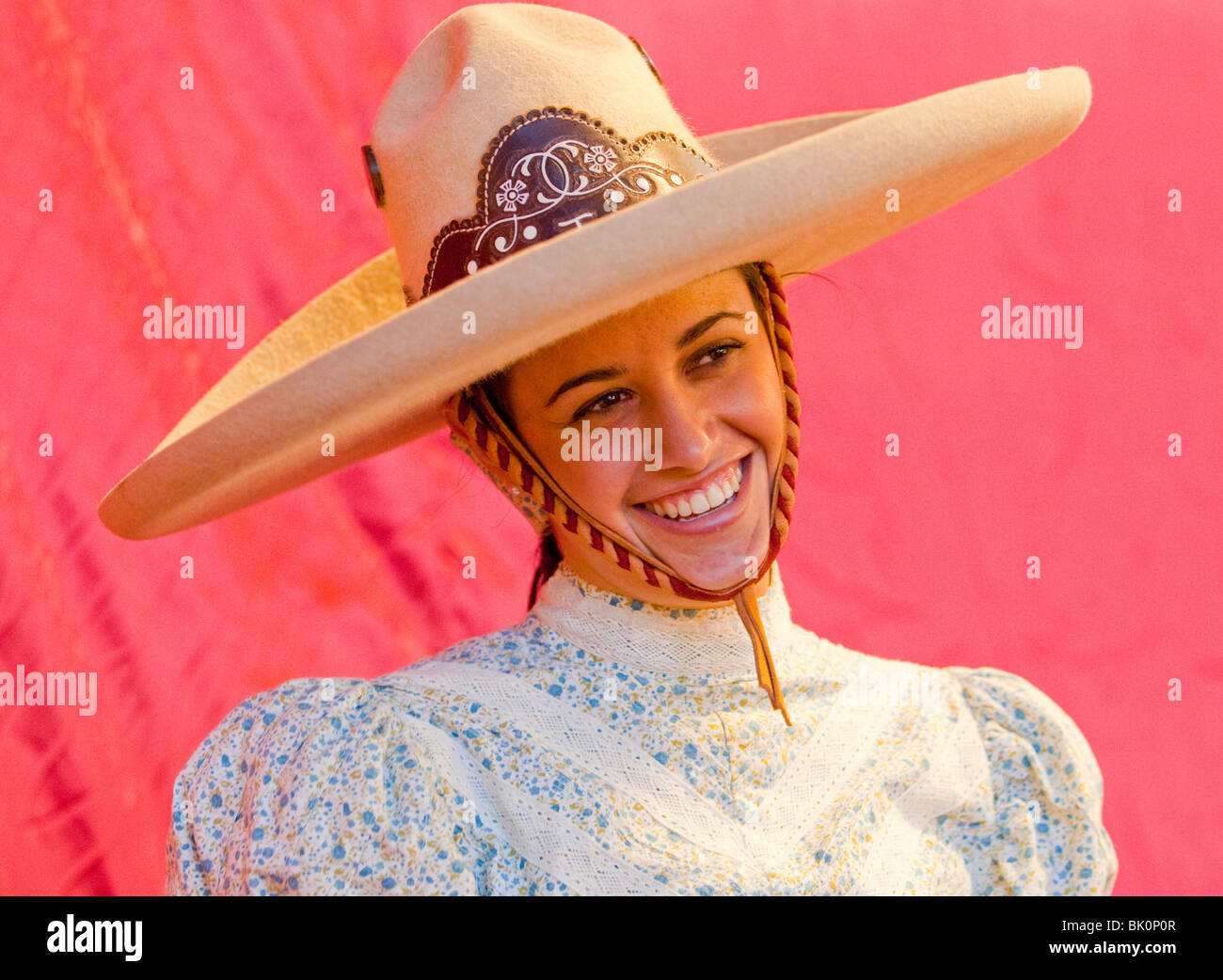 Guadalajara, Mexico, Charro female horseback rider in Traditional Dress performing in Chareda Show & Festtival, Jalisco Stock Photo