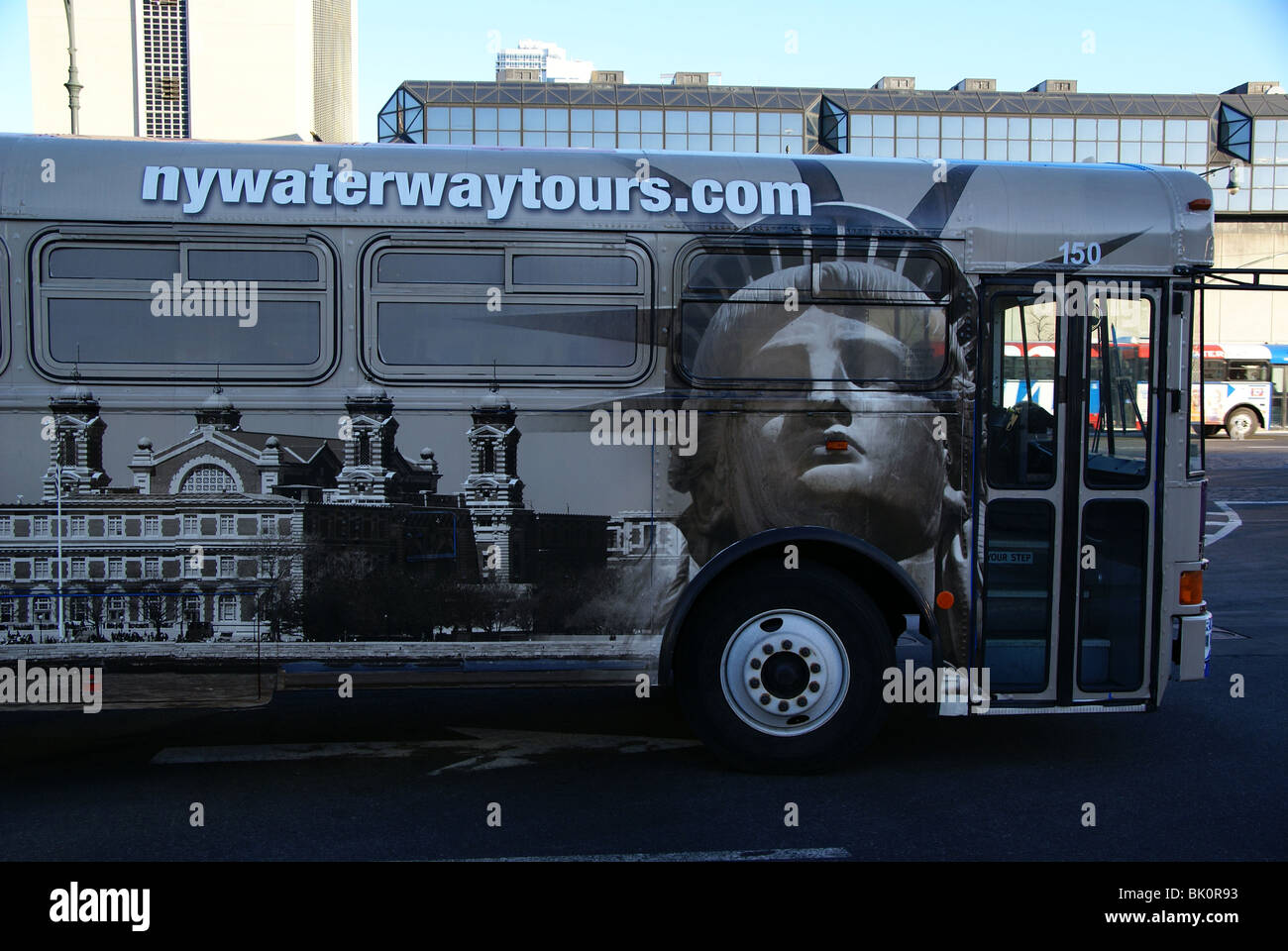 New York waterways tour bus showing the statue of liberty and Ellis