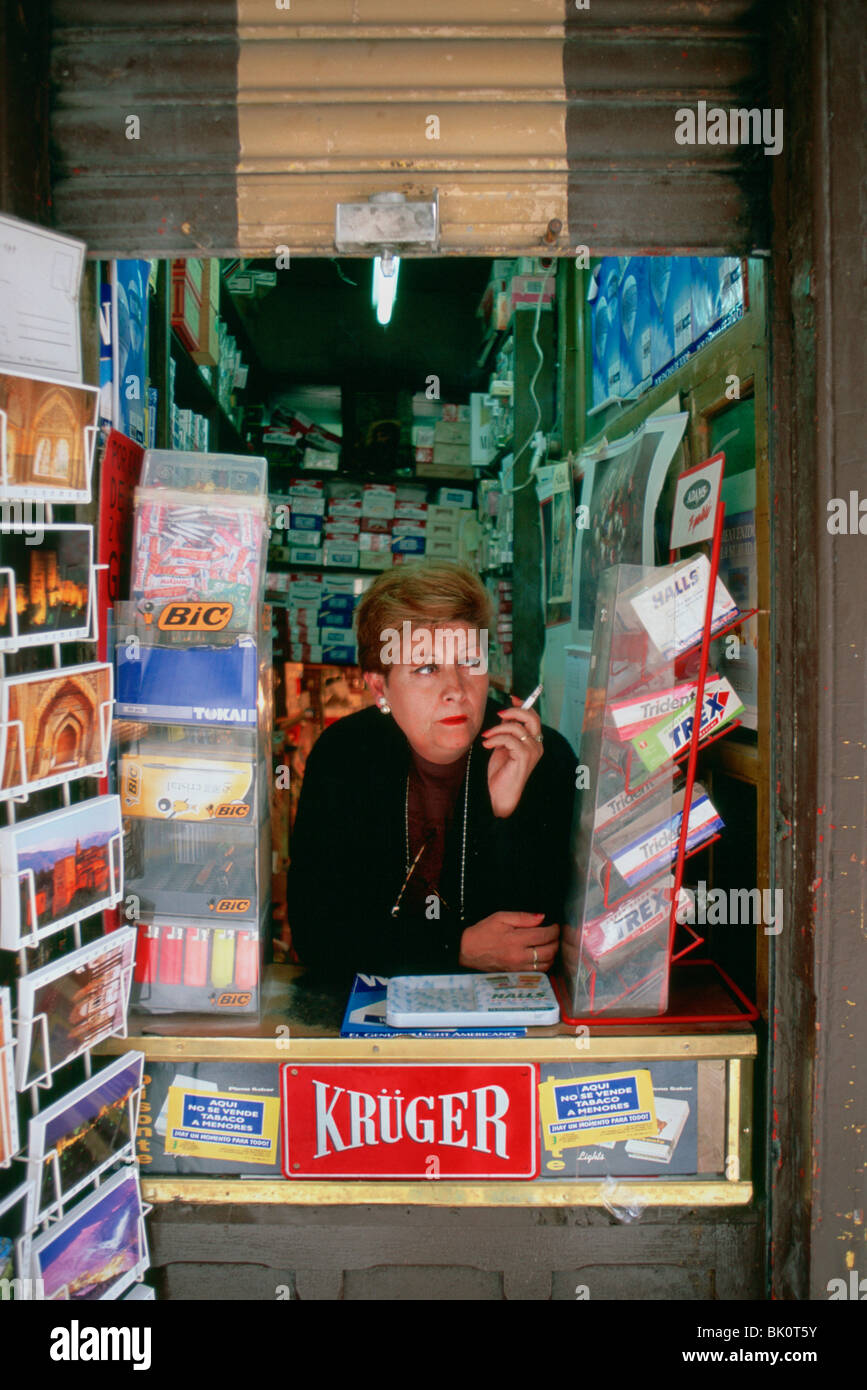 Woman in her newspaper kiosk, Spain Stock Photo - Alamy
