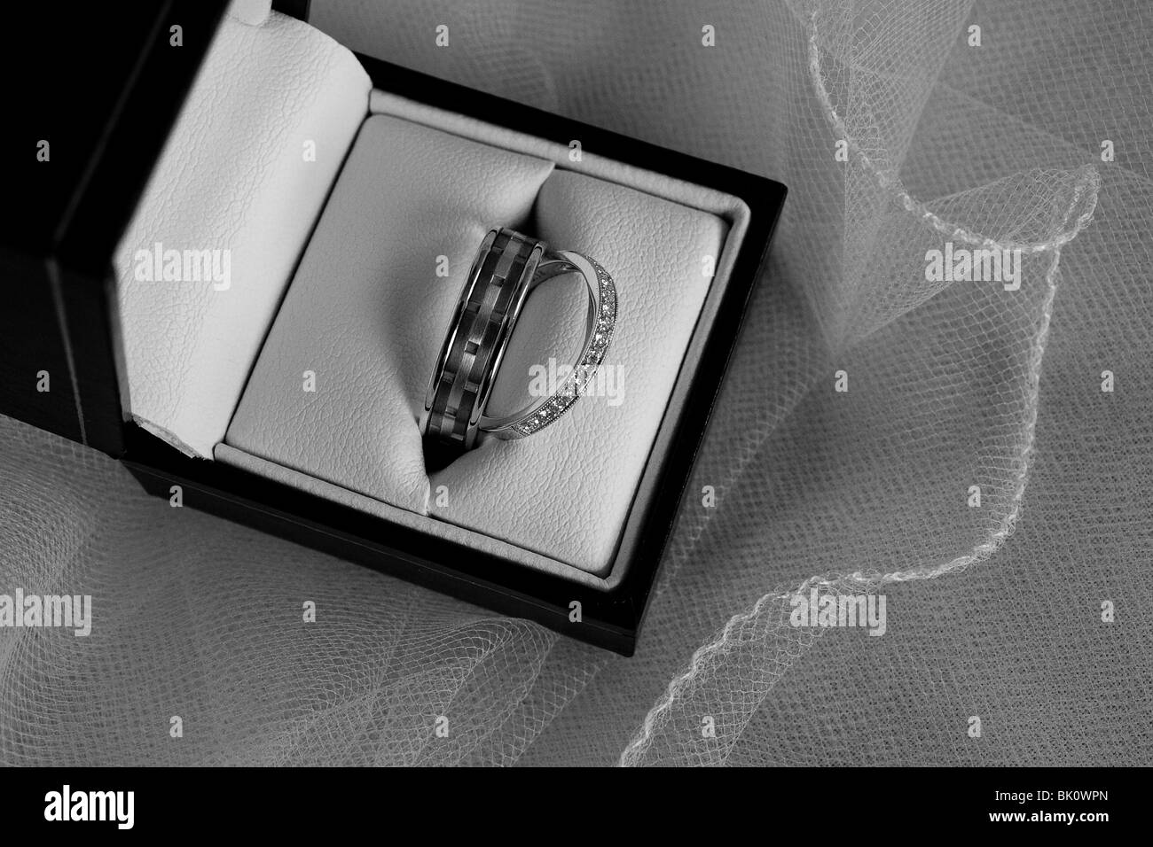 Wedding rings in box placed on veil of dress Stock Photo Alamy