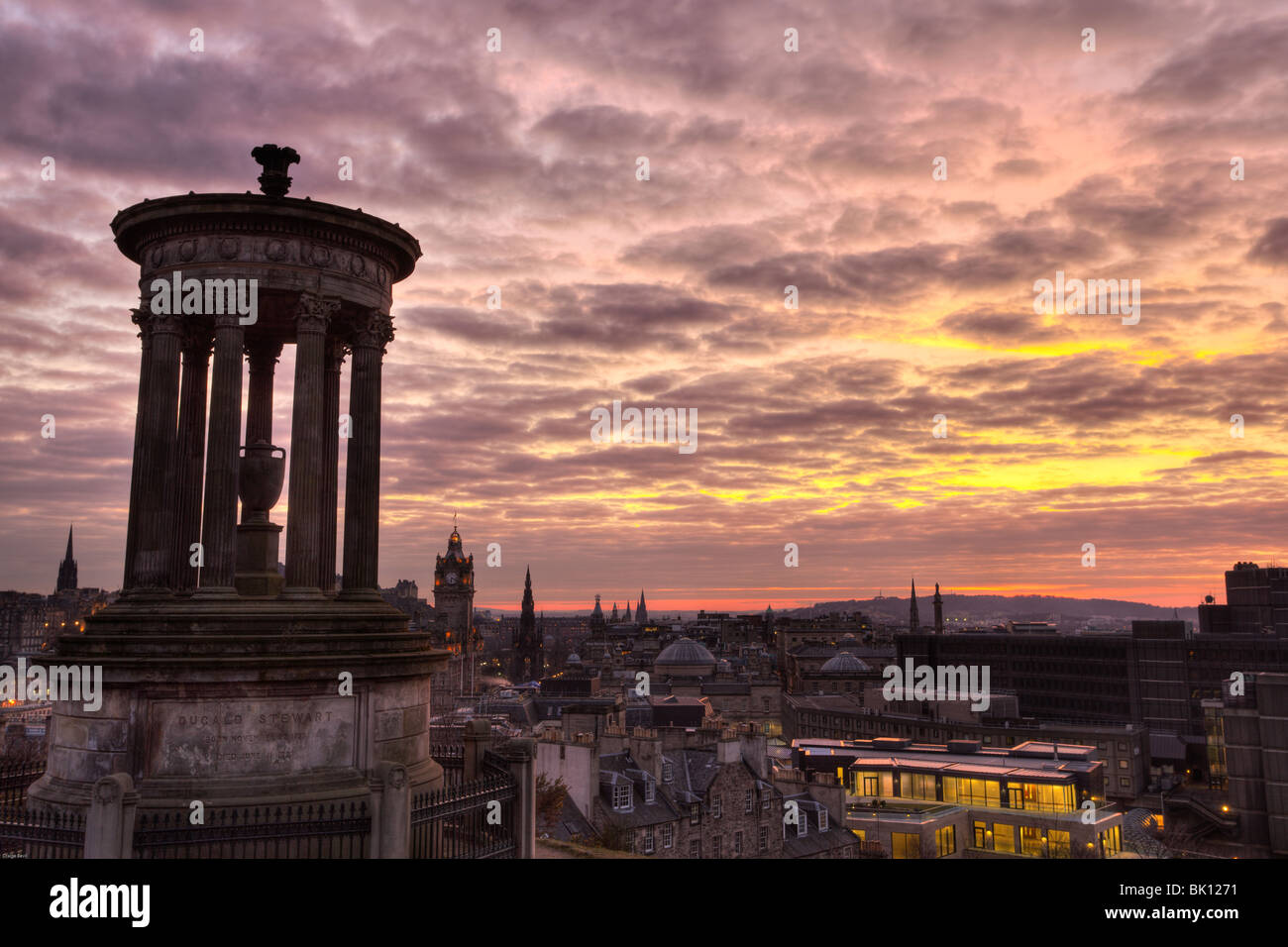 Stewart monument on Calton Hill in the centre of Edinburgh at sunset Stock Photo