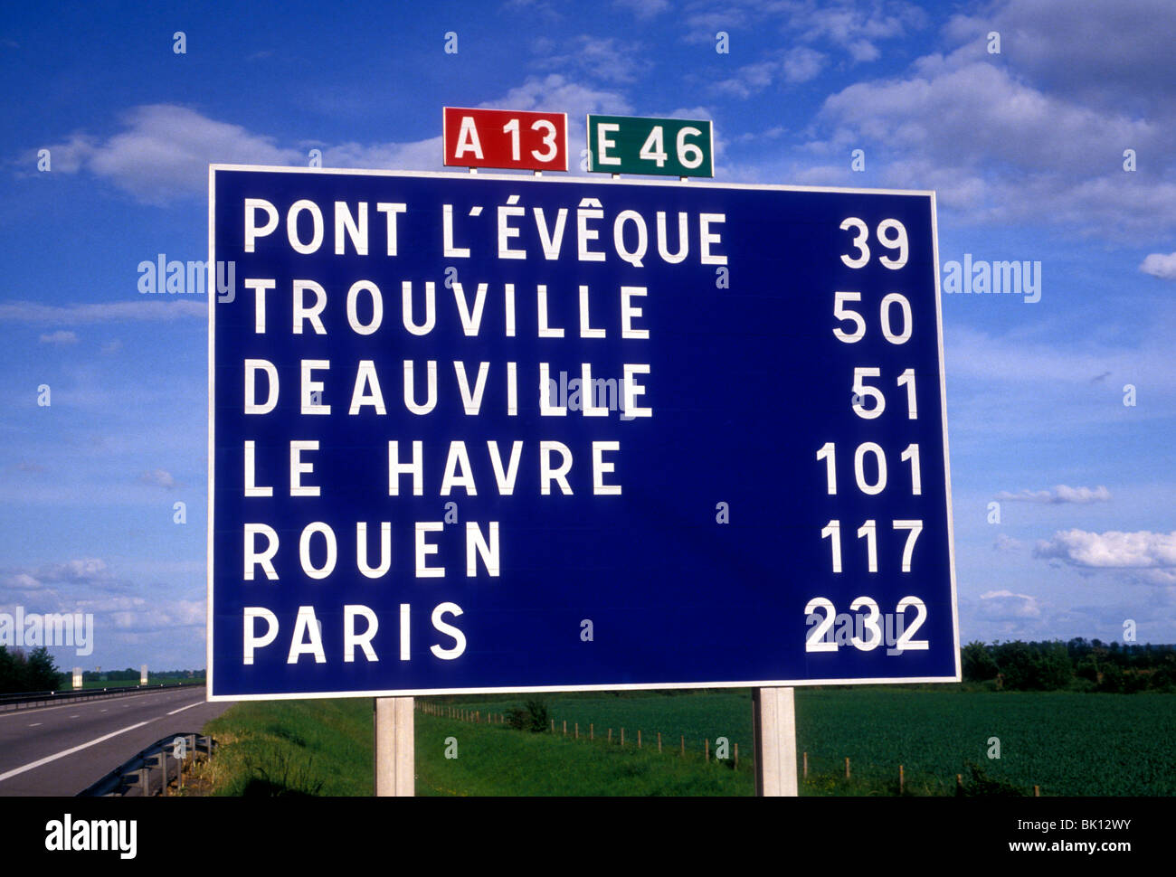 A13 Sign sign, distance in kilometers, autoroute A13, near city of Caen, Lower ...