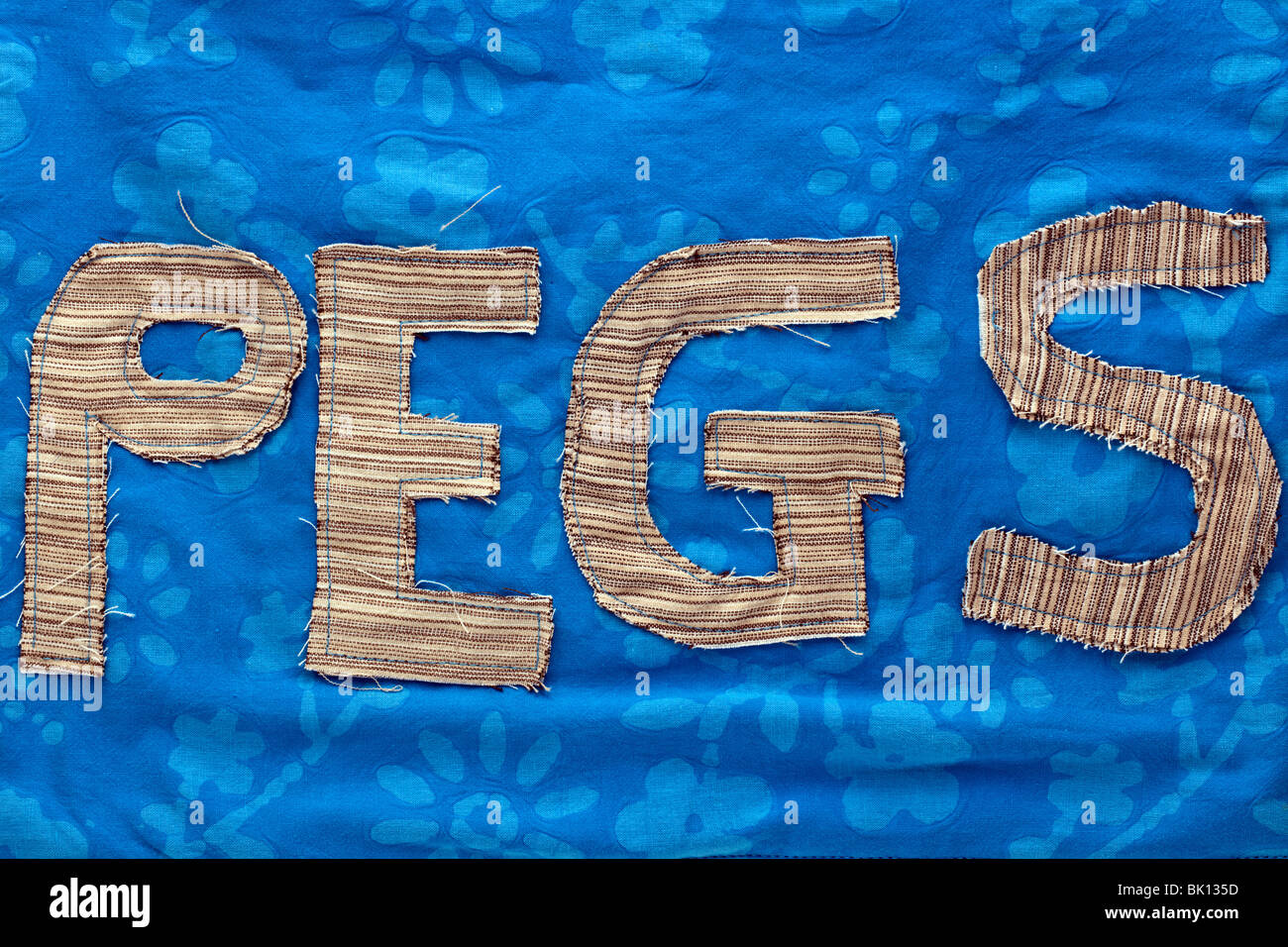 The word pegs stitched onto blue flowered cotton material Stock Photo