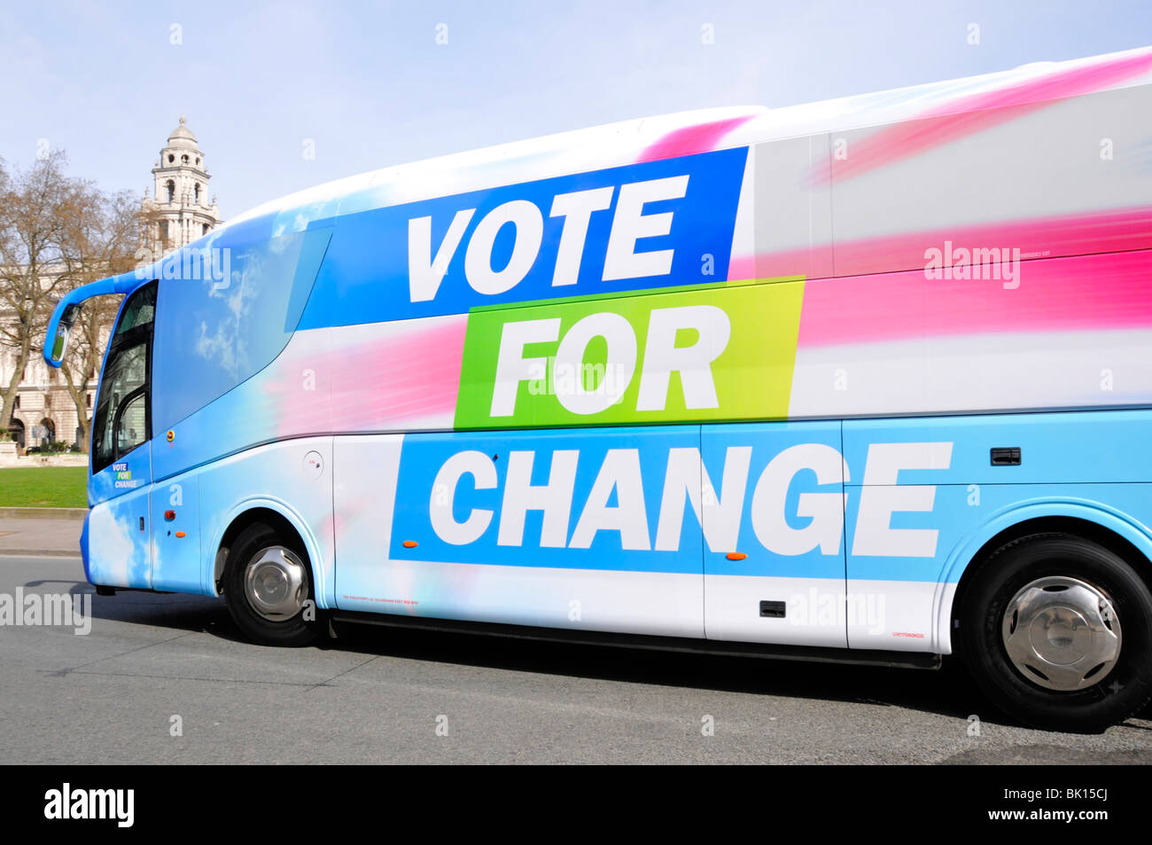 Close up of Conservatives 2010 political general election campaign slogan advertising on side of bus in London Stock Photo