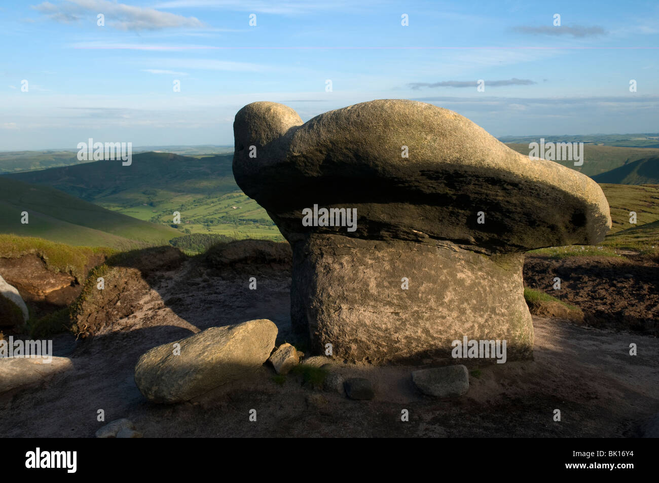 Wind sculpted Millstone Grit rock outcrops on Kinder Scout, above Edale