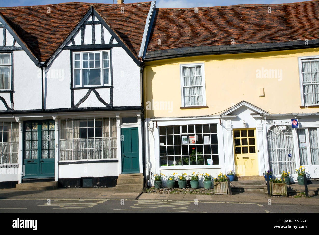shop fronts on Market Hill, Woodbridge, Suffolk Stock Photo