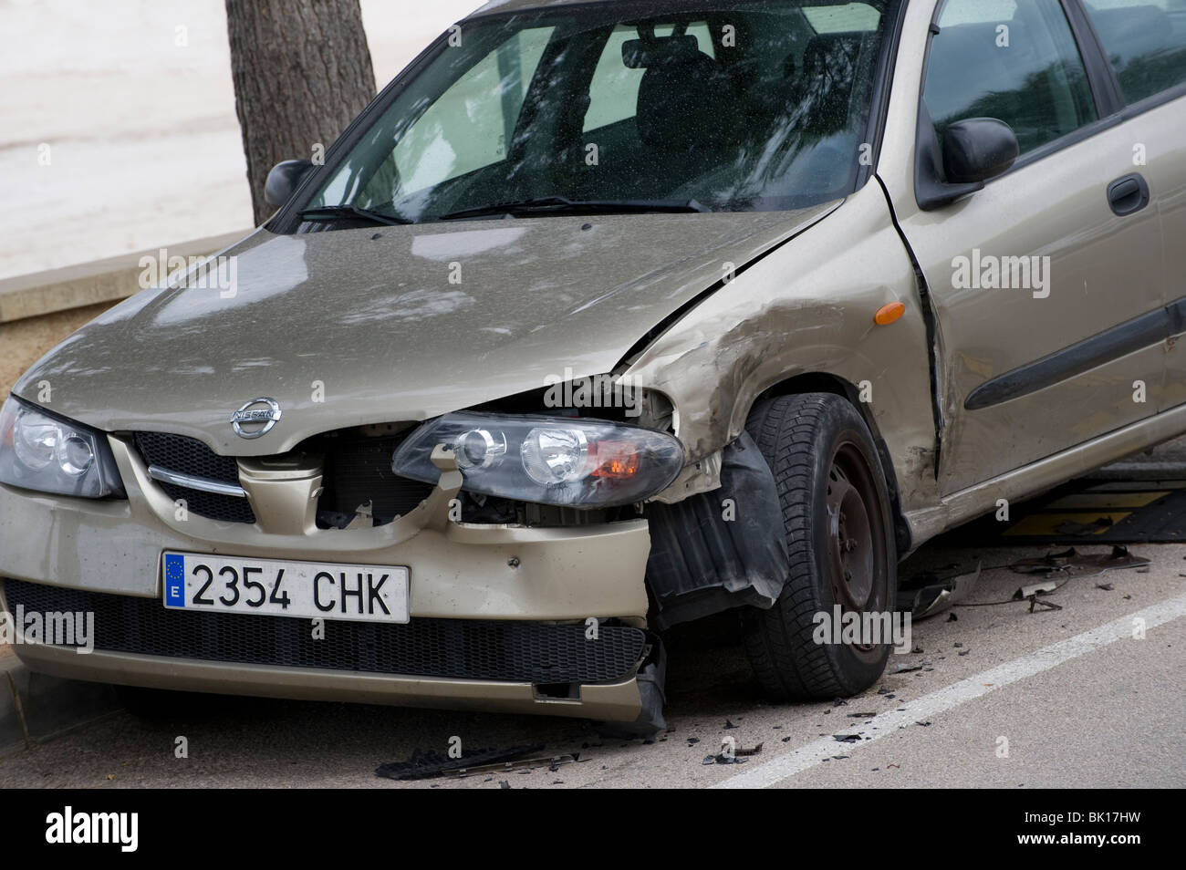 Damaged Spanish car following an accident Stock Photo Alamy