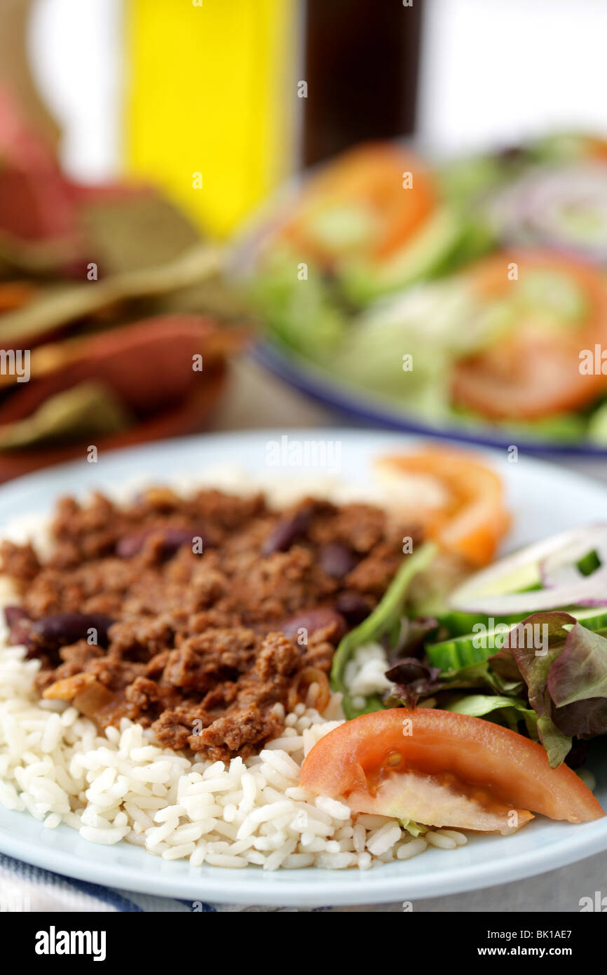 Authentic Mexican Style Chilli Con Carne Meal With White Boiled Rice And No People Stock Photo