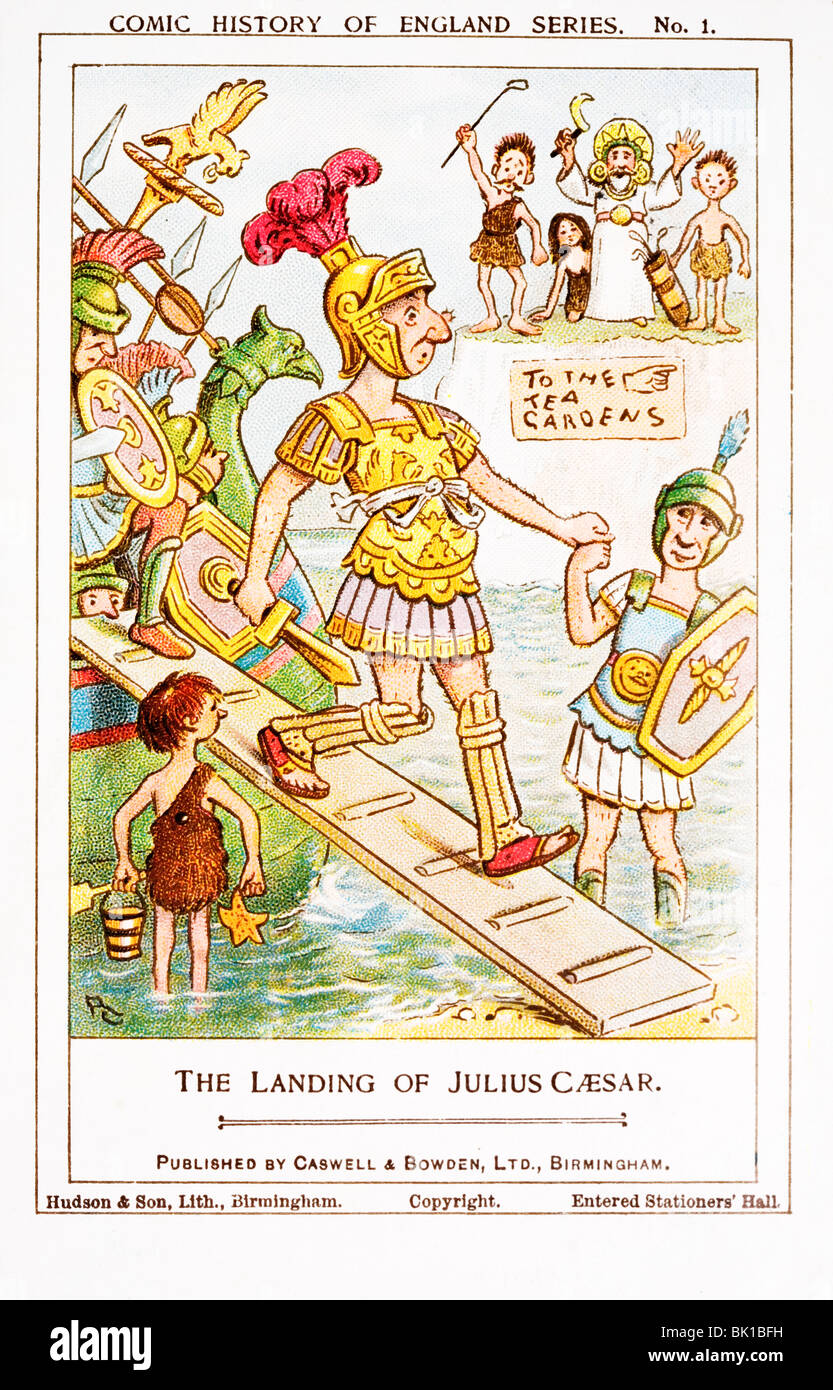 The landing of Julius Caesar. Comic history of England series collectors' card. Stock Photo