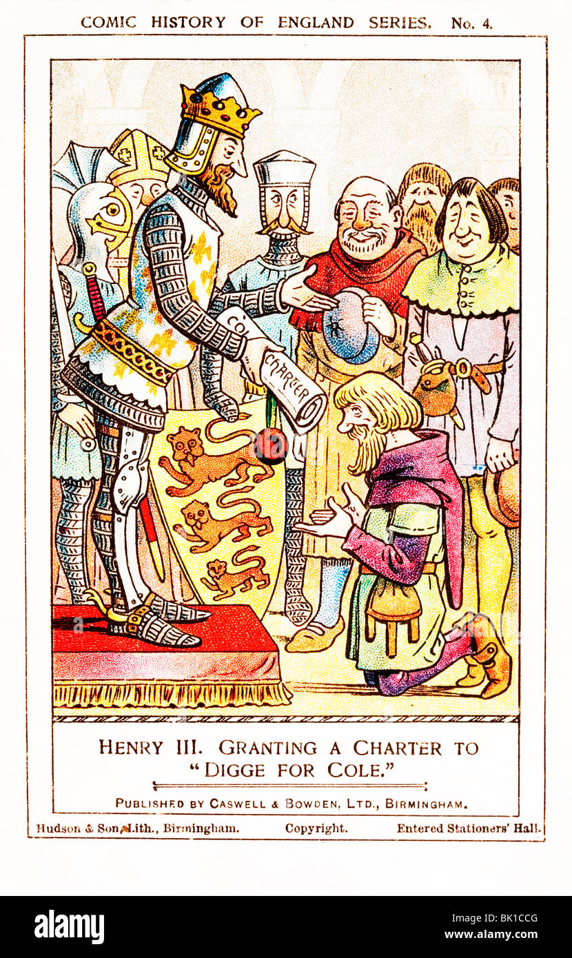 King Henry III of England granting a charter to dig for coal, or 'digge for cole'. Comic history of England series card. Stock Photo