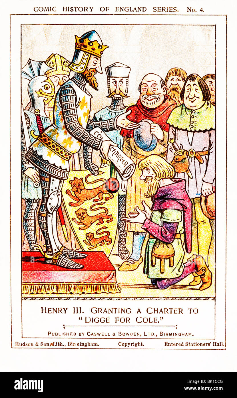 King Henry III of England granting a charter to dig for coal, or "digge for cole". Comic history