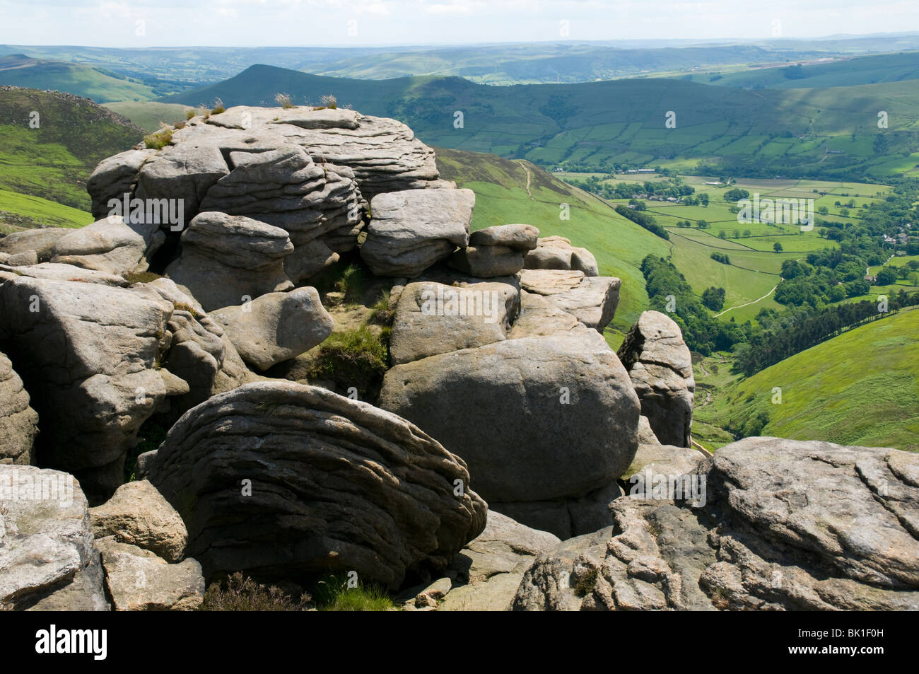 Wind sculpted Millstone Grit rock outcrops on Kinder Scout, above Edale
