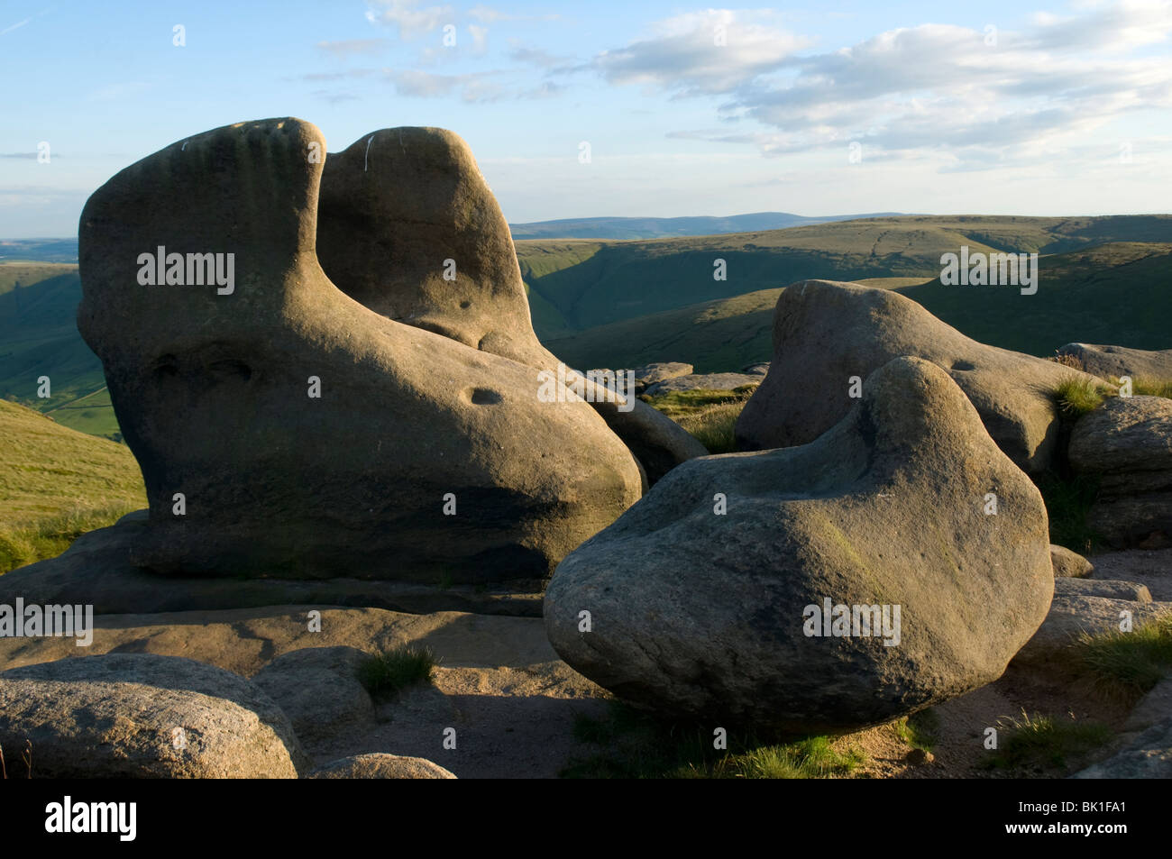 Wind sculpted Millstone Grit rock outcrops on Kinder Scout, above Edale