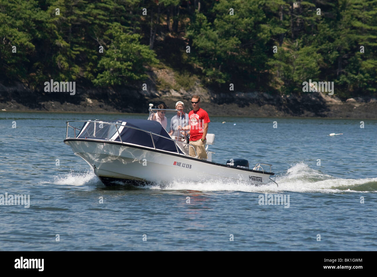 Summer motorboating on the Sheepscot River in Maine Stock Photo
