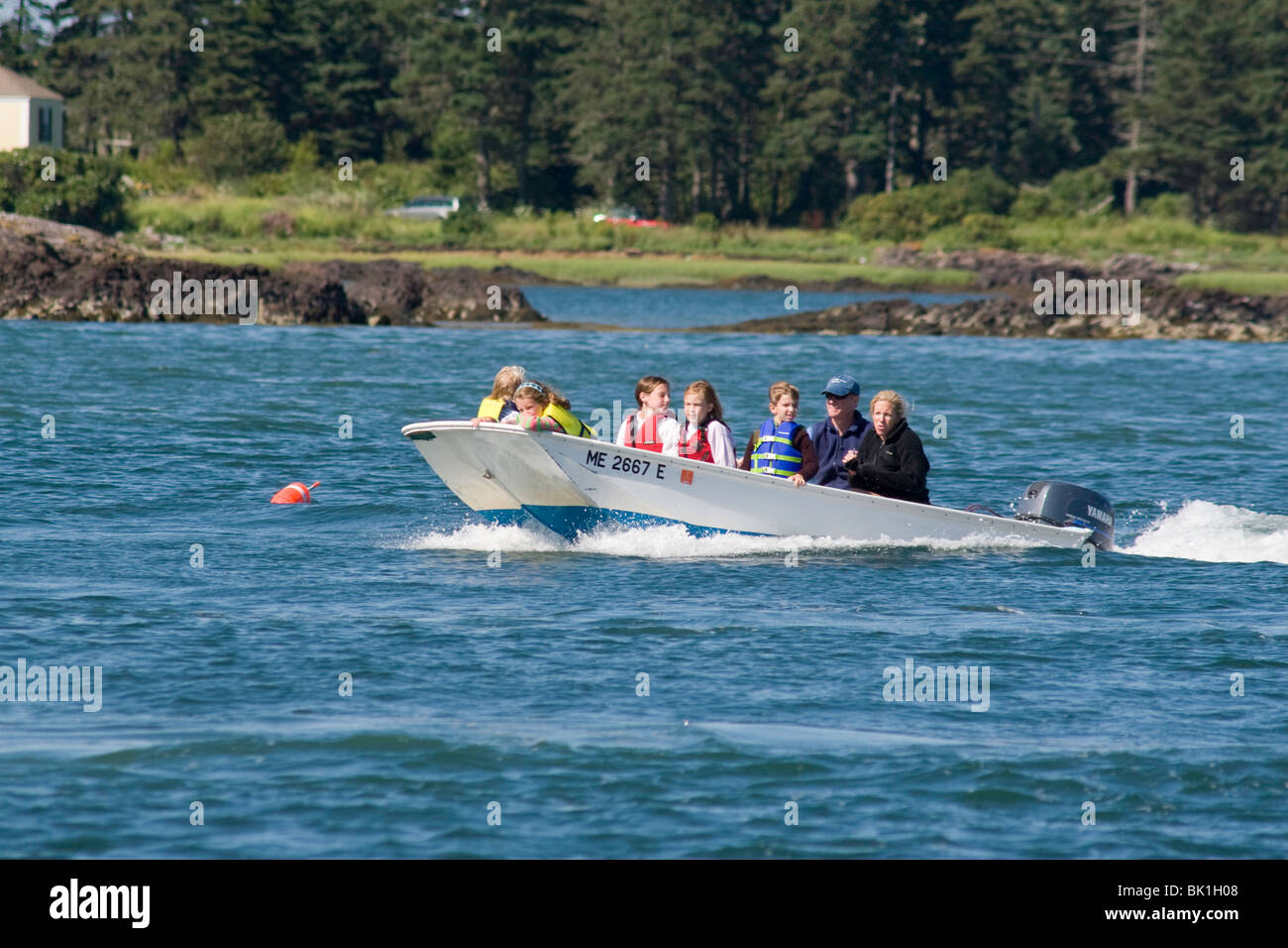 A boat ride in a Boston Whaler in Fox Island Thorofare, Maine Stock Photo