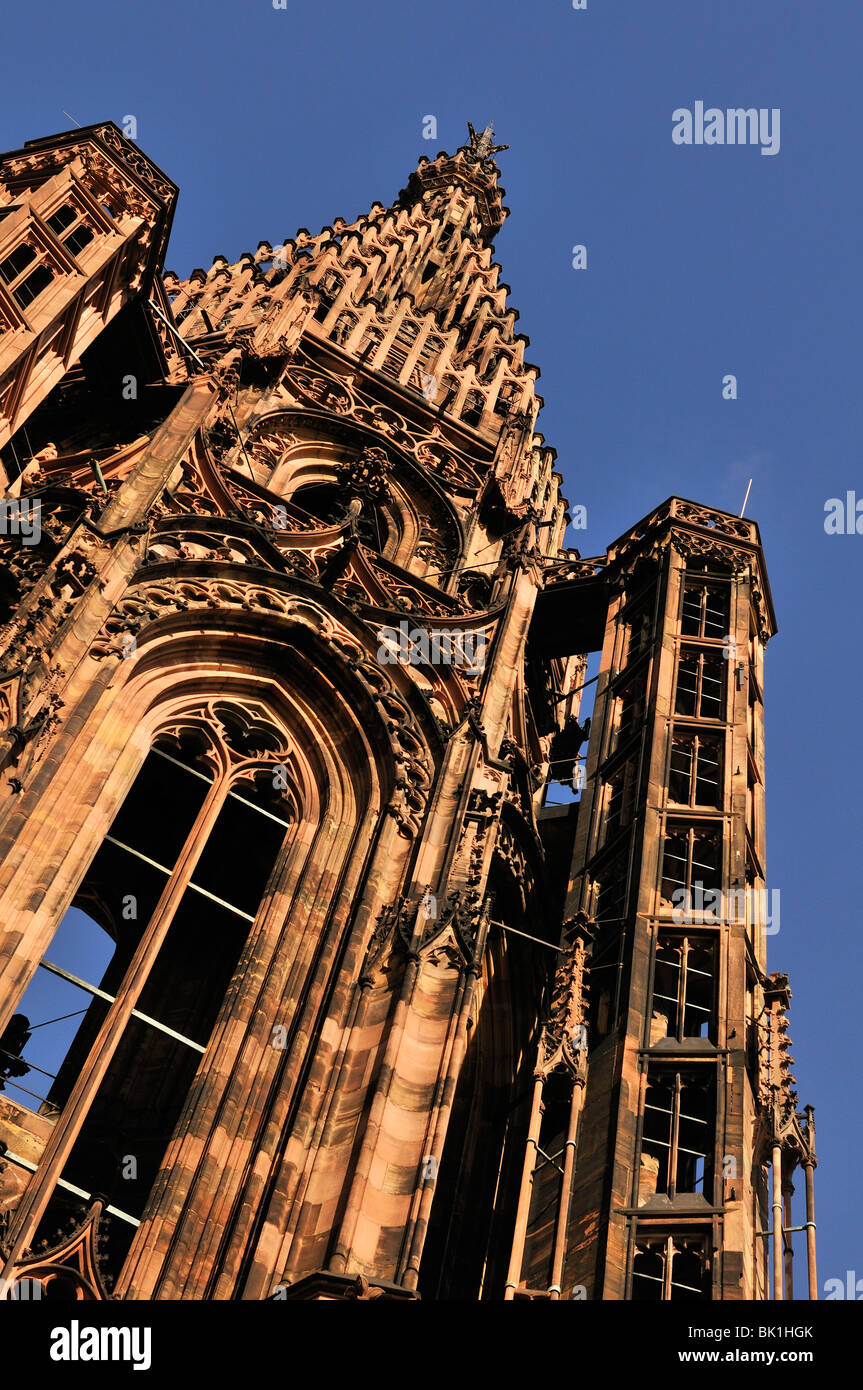 Looking up at the Cathedral Spire in Strasbourg Stock Photo