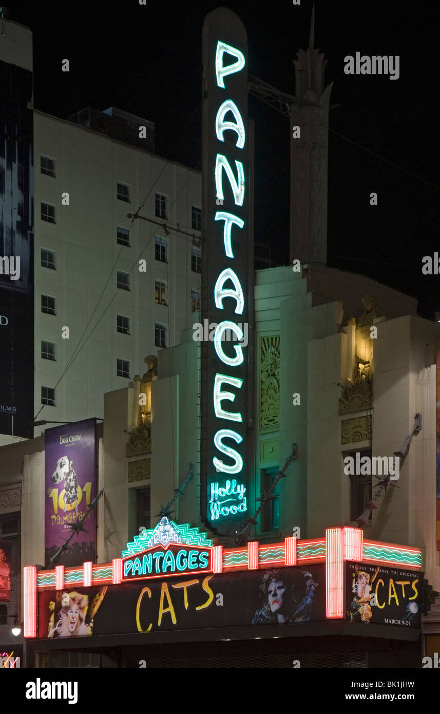 A nighttime shot of the Pantages Theater on Hollywood Boulevard, Hollywood, California, USA (vertical) Stock Photo