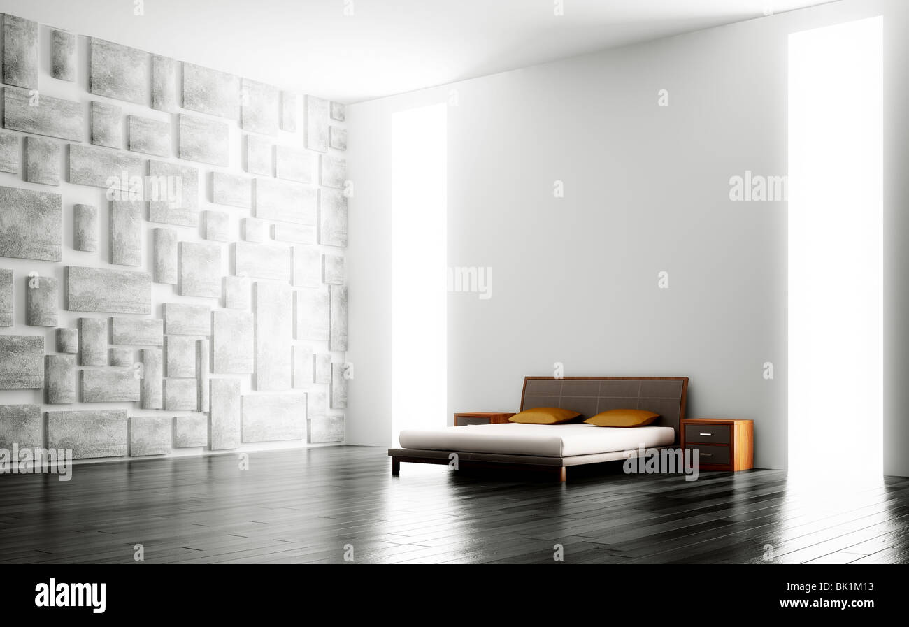 Modern Bedroom With Big Windows Interior 3d Stock Photo