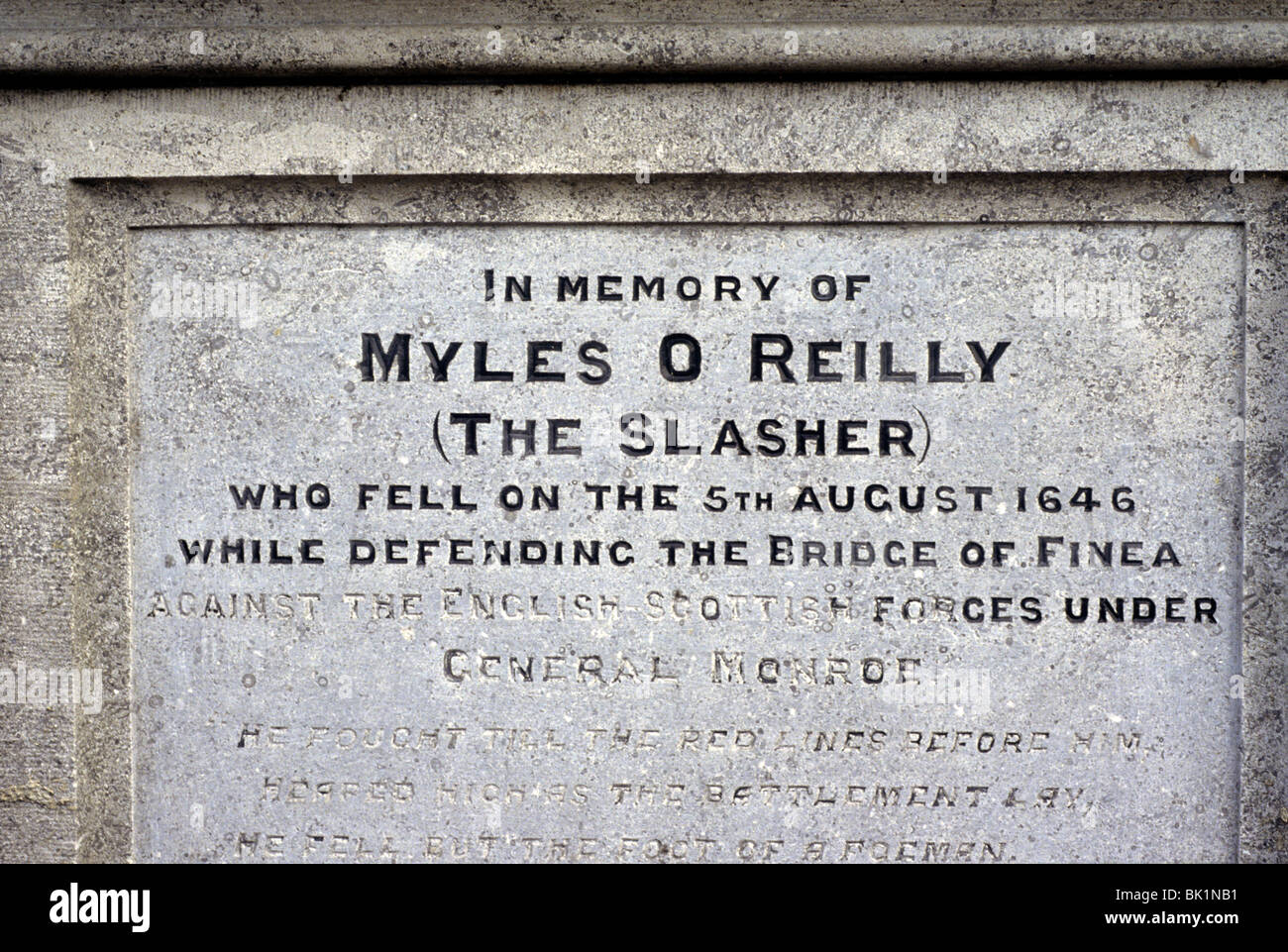 Monument Inscription to Myles O'Reilly, The Slasher, Finea, Westmeath, Ireland, Eire Irish 17th century warrior hero Miles Stock Photo