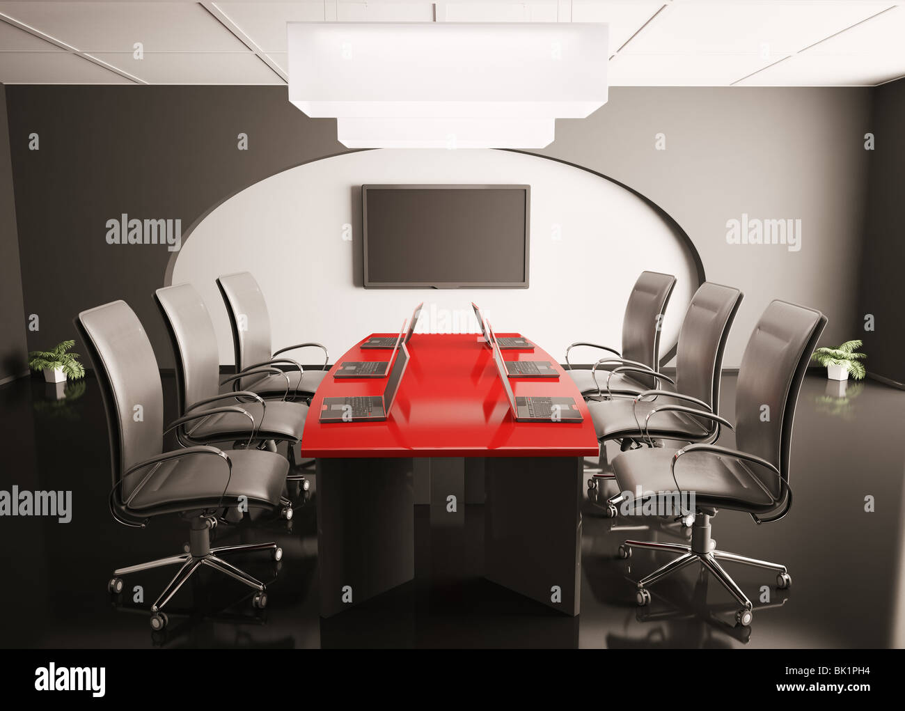 conference room with lcd and laptops on red table 3d render Stock Photo