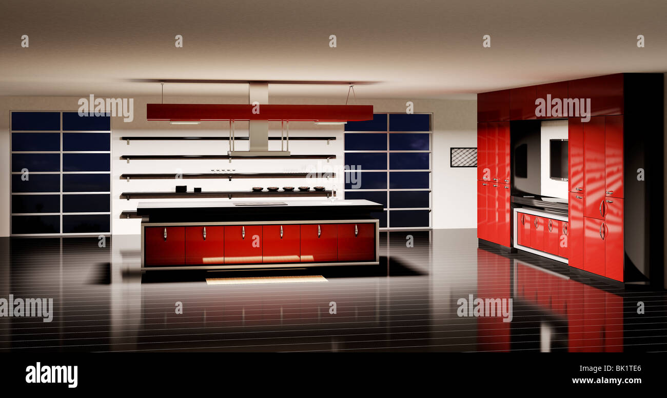 Interior of modern red kitchen 3d render Stock Photo - Alamy