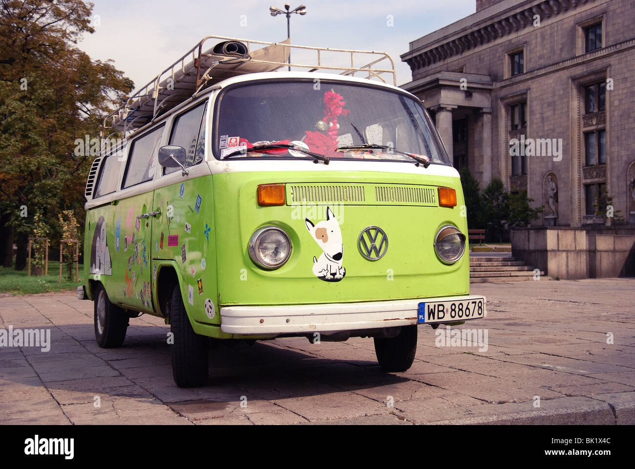 Bright hippie VW mini bus in Warsaw 