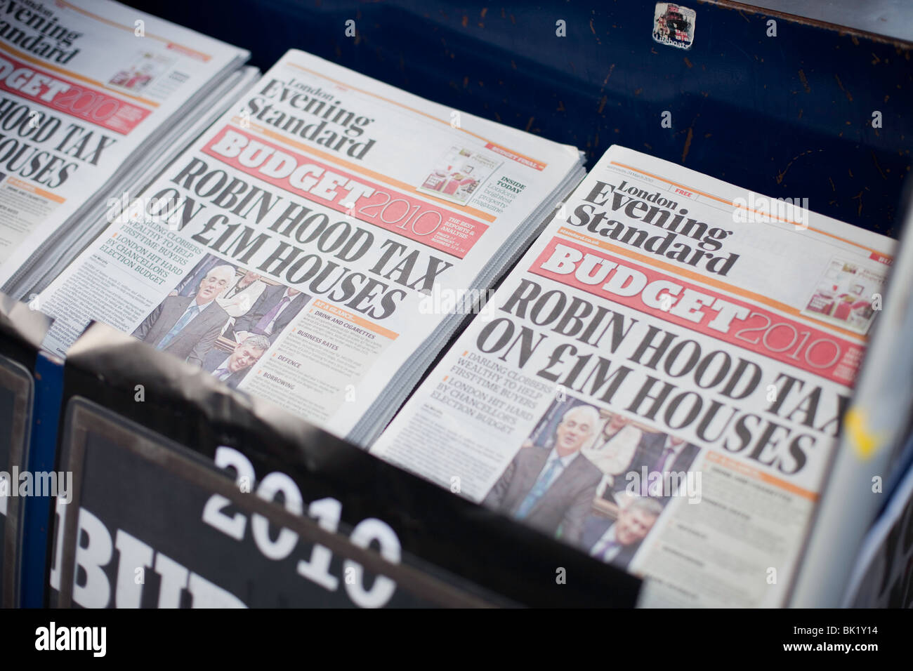 'Robin Hood Tax', an Evening Standard newsstand on the day of the 2010 budget Stock Photo