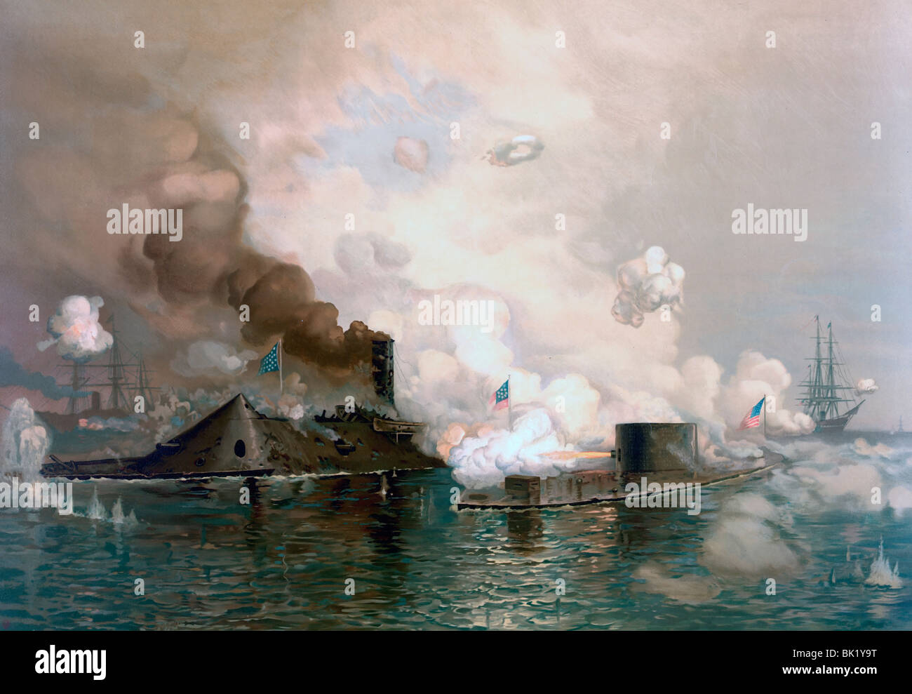 The Monitor vs The Merrimac - Battle of Hampton Roads - March 8–9, 1862 - Battle of the Ironclads - USA Civil War Stock Photo