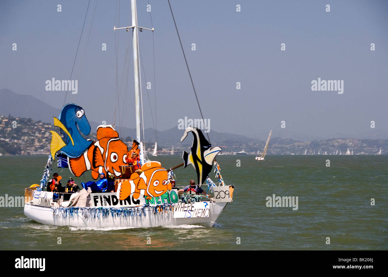 Third place winner sail boat, Finding Nemo, in the Opening Day on the Bay parade, San Francisco, California Stock Photo