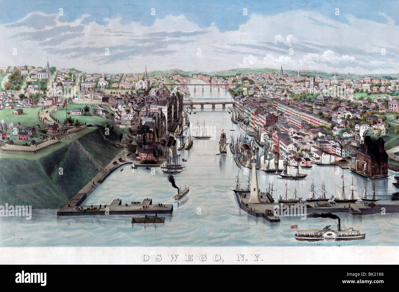 Bird'seye view of Oswego, New York, showing the mouth of the Oswego