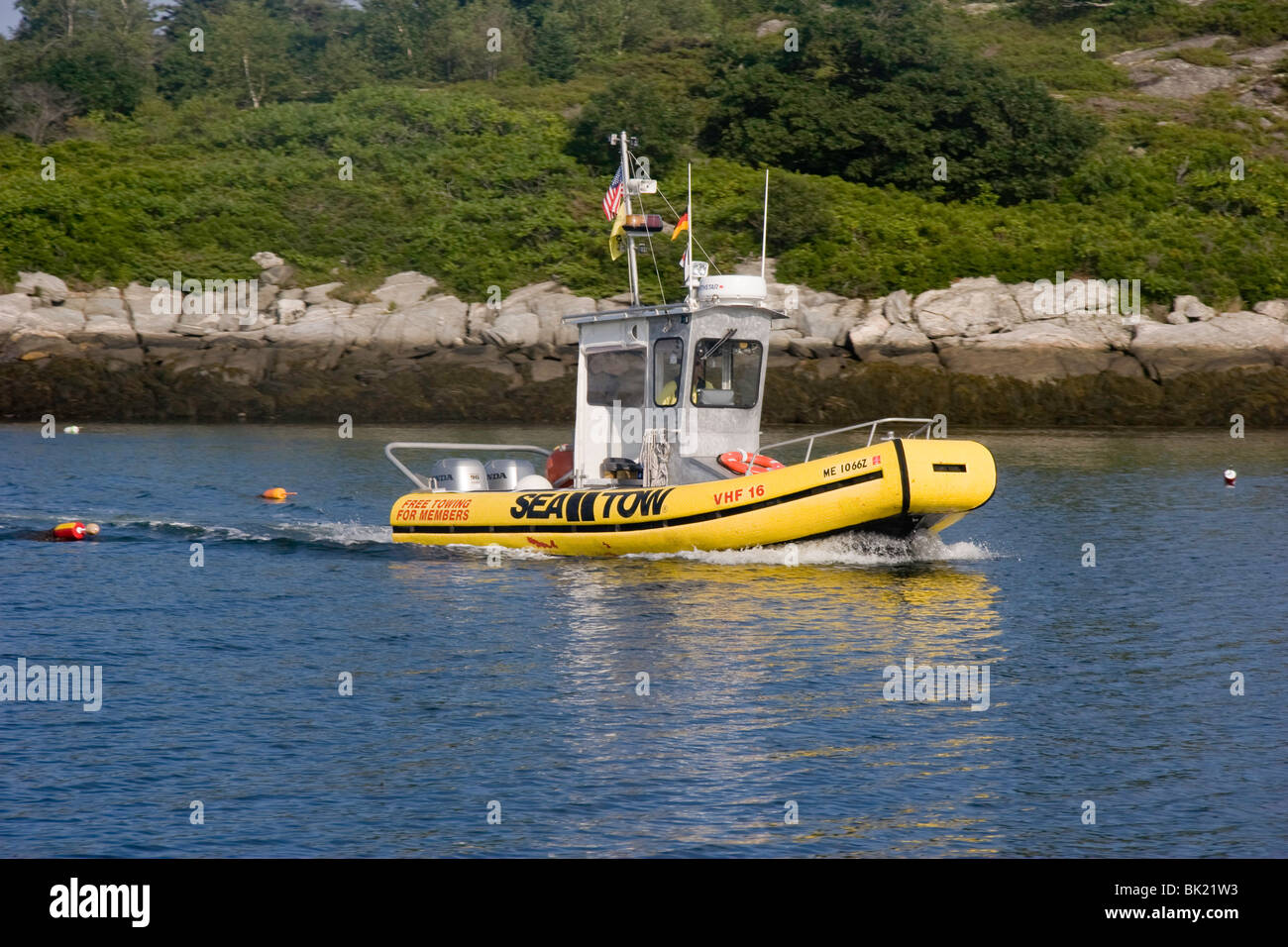 Sea Tow boat on the Sheepscot River in Maine Stock Photo