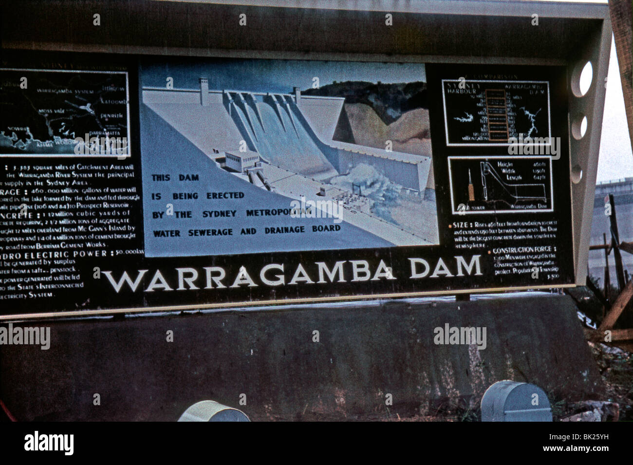 Sign at the construction site of the Warragamba Dam, Wallacia, 60 km west of Sydney, New South Wales, Australia, c. 1958 Stock Photo