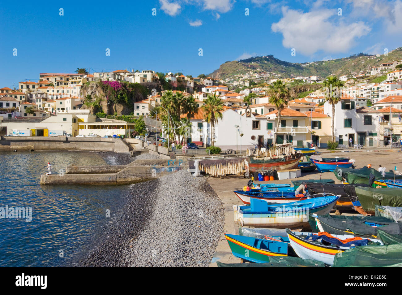 Traditional decorated fishing boats Camara de Lobos harbour Madeira Portugal EU Europe Stock Photo
