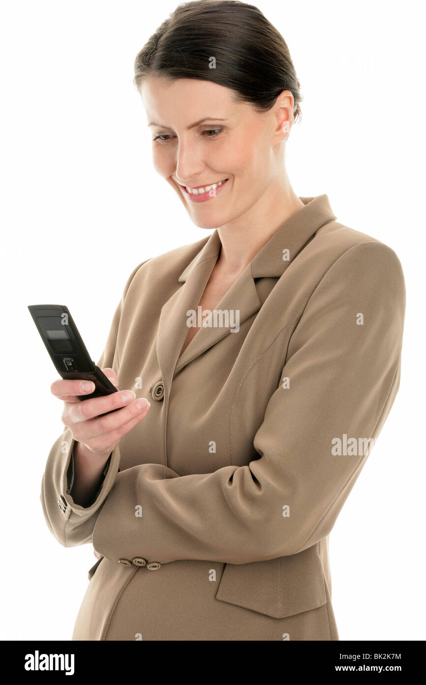 Portrait of elegant woman using cell phone isolated on white background Stock Photo