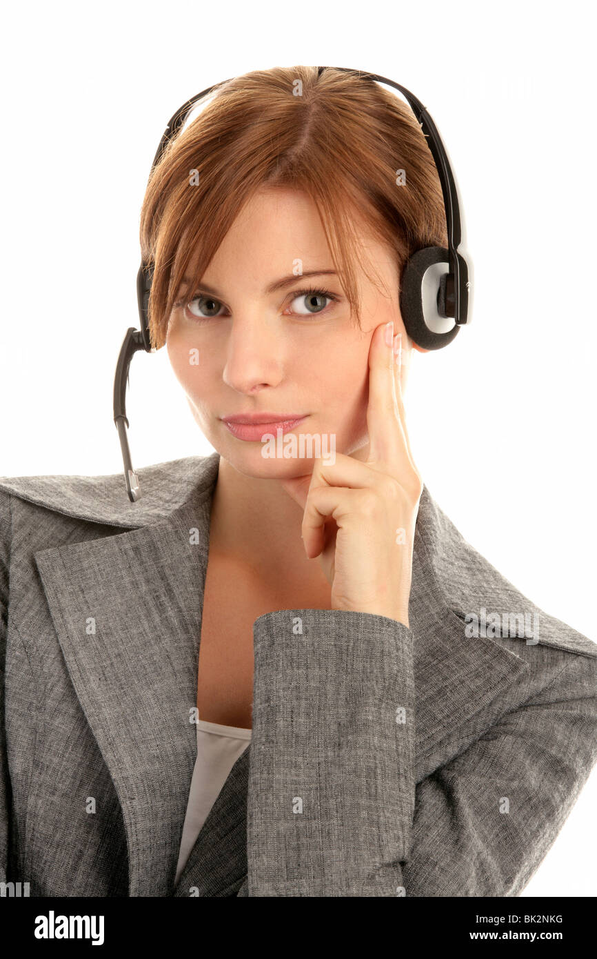Young telephone operator wearing headset isolated on white background
