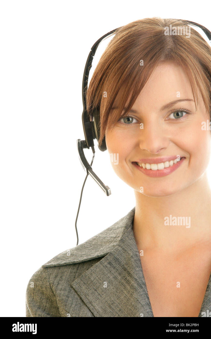 Portrait of friendly secretary/telephone operator wearing headset