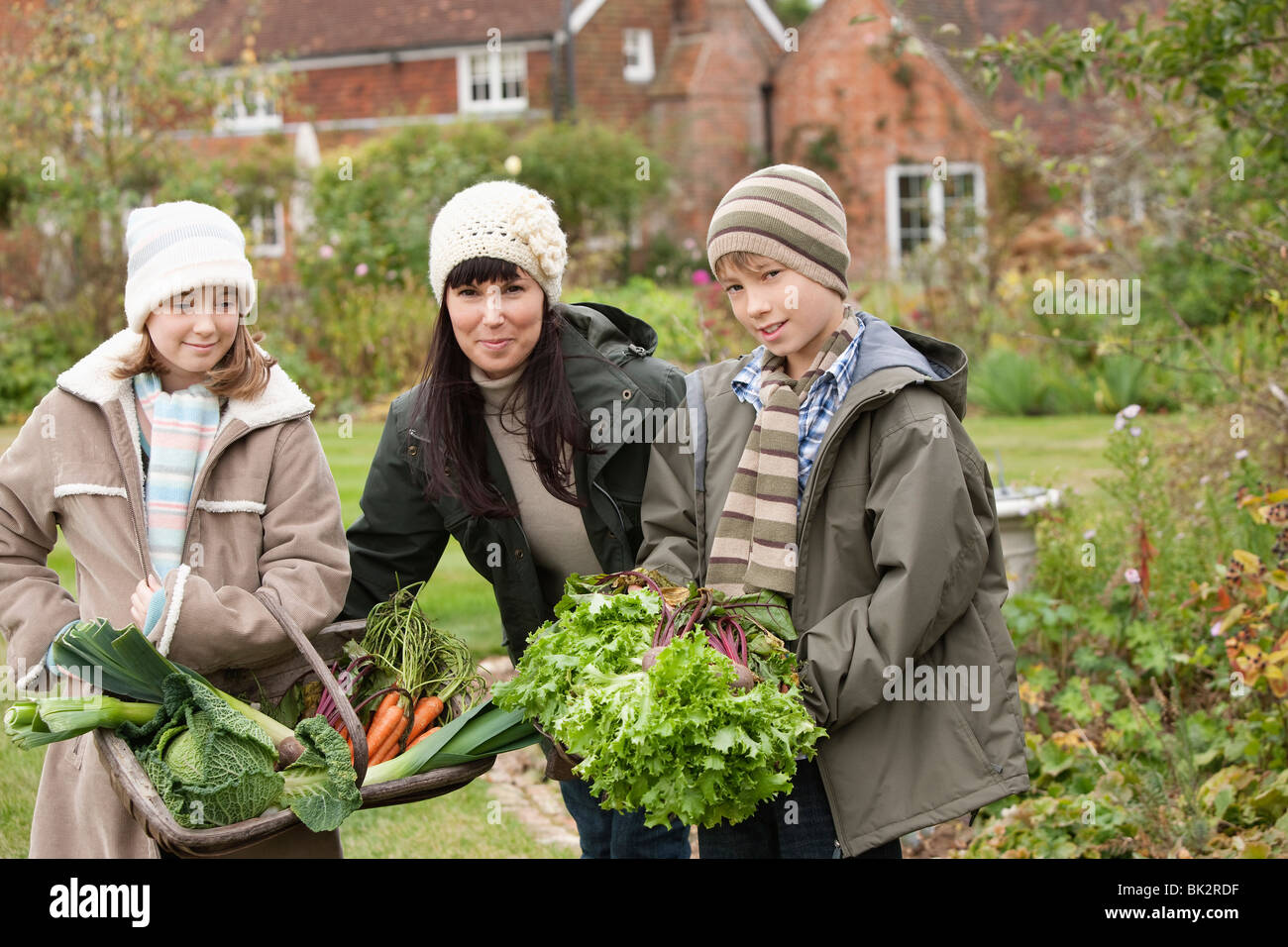 Family picking vegetables in garden Stock Photo
