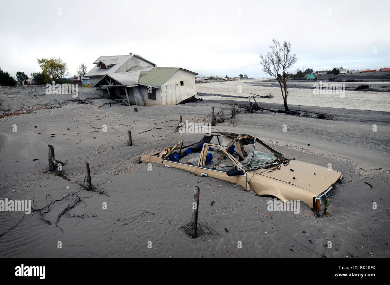 The Patagonian town of Chaiten after its destruction by a volcanic eruption. Stock Photo