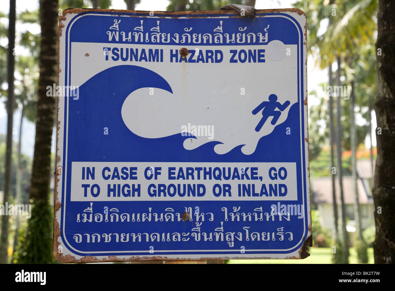 Tsunami warning sign on Phuket island, Thailand Stock Photo