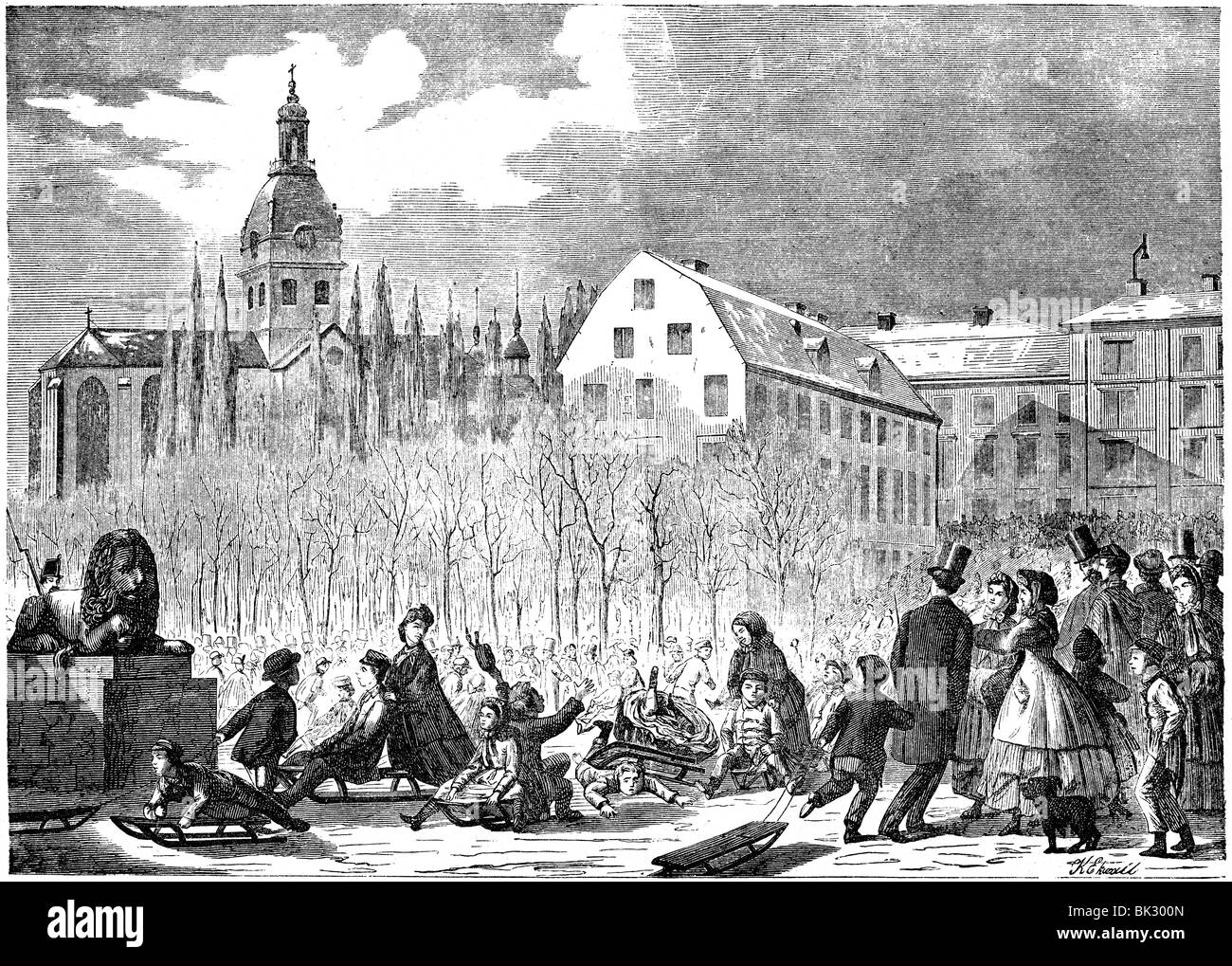 Winter scene at Square of Charles XIII, Stockholm, Sweden. Engraving by Knut Alfred Ekvall (1843-1912) Stock Photo