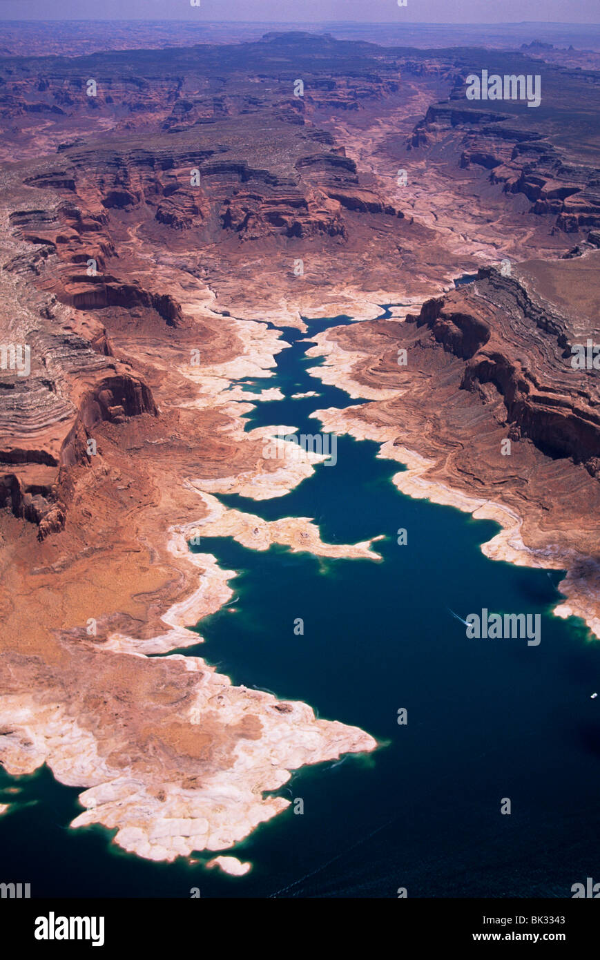 Aerial view of Wetherill Canyon on Lake Powell. The reservoir's white