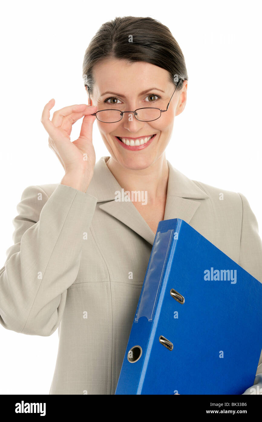 Mature businesswoman holding ring binder isolated on white background Stock Photo